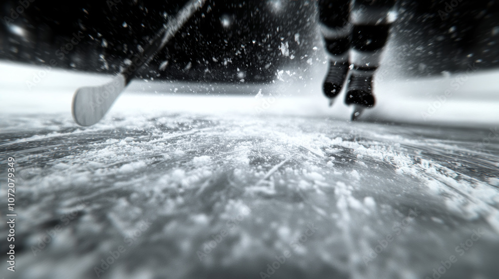 Obraz premium Low angle view of a hockey player skating on the ice.