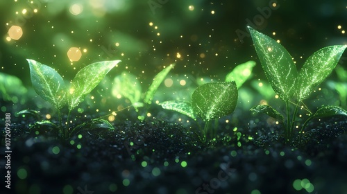 Digital plant seedlings with glowing neon green leaves and bioluminescent particles on a light mint background, blending futuristic nature with magical growth concepts.