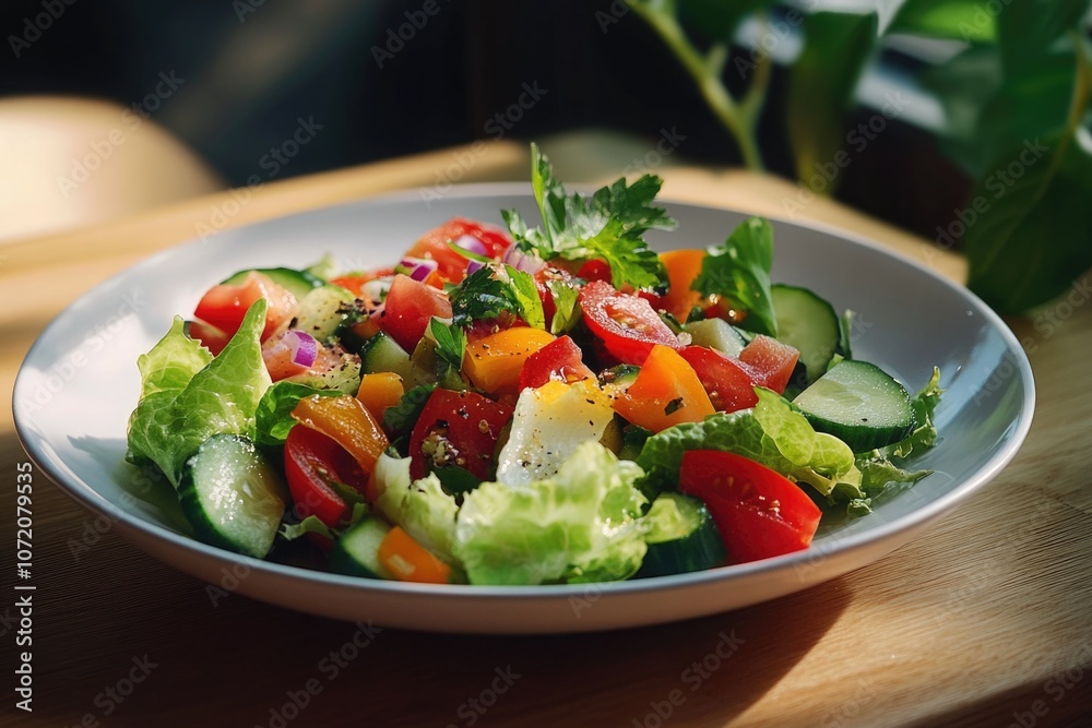 Fresh green salad on a table with a potted plant in the background