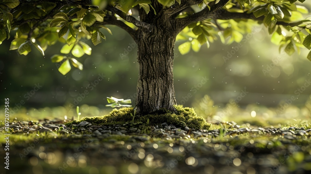 Obraz premium A tree with lush green moss growing on its trunk and around the base