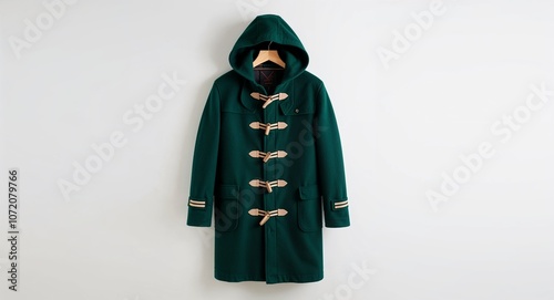 Dark green wool duffle coat with toggle closures and hood display on plain white background