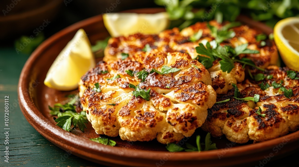 Roasted Cauliflower Steaks on a Terracotta Plate: Professional Food Photography with Fresh Herbs and Lemon, Clean Composition, and Sharp Focus. Roasted Cauliflower Steaks on a Terracotta Plate: Professional Food Photography with Fresh Herbs and Lemon, Clean Composition, and Sharp Focus.