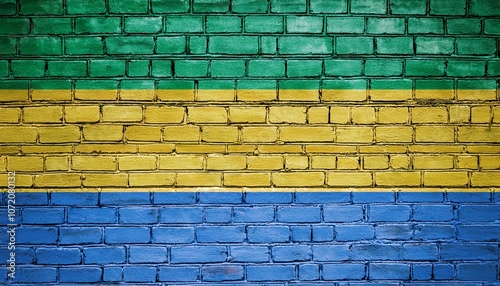 ガボンの国旗がペイントされたレンガの壁。(Brick wall painted with the Gabon flag.) 