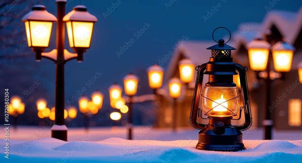 Cozy winter scene lantern with glowing street lights on plain blue background Cozy winter scene lantern with glowing street lights on plain blue background