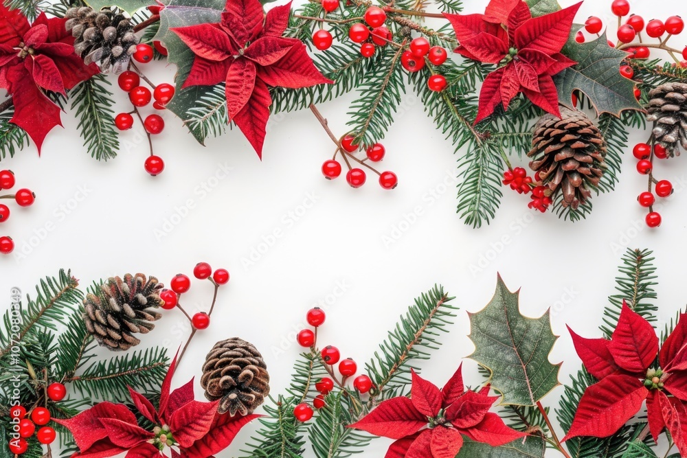 A festive Christmas garland featuring poinsettias, pinecones, and red berries A festive Christmas garland featuring poinsettias, pinecones, and red berries