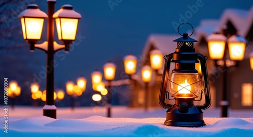 Cozy winter scene lantern with glowing street lights on plain blue background