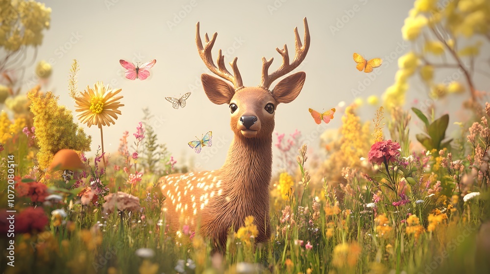 A 3D deer with floating 2D icons of flora and fauna, representing the biodiversity of a forest, 4k resolution, ultra-realistic, uncluttered background A 3D deer with floating 2D icons of flora and fauna, representing the biodiversity of a forest, 4k resolution, ultra-realistic, uncluttered background