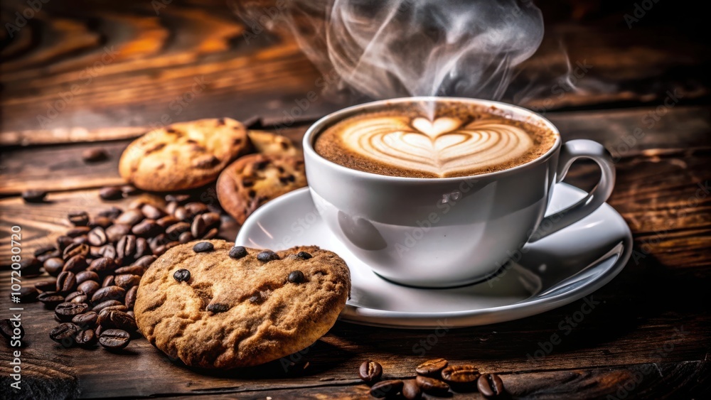 A steaming cup of cappuccino with a heart-shaped design in the foam, resting on a white saucer, accompanied by chocolate chip cookies and roasted coffee beans on a rustic wooden surface. A steaming cup of cappuccino with a heart-shaped design in the foam, resting on a white saucer, accompanied by chocolate chip cookies and roasted coffee beans on a rustic wooden surface.