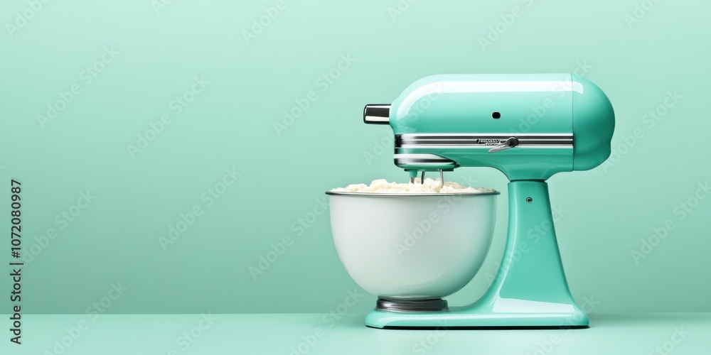 A stylish aqua-colored stand mixer with a mixing bowl, ideal for baking enthusiasts, set against a soft mint backdrop. A stylish aqua-colored stand mixer with a mixing bowl, ideal for baking enthusiasts, set against a soft mint backdrop.
