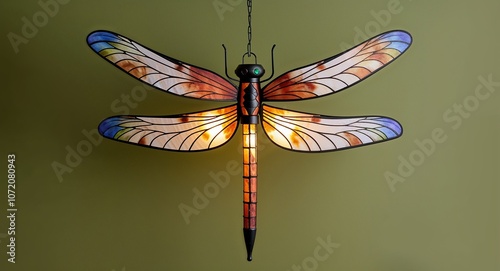 Dragonfly lantern with earthy tones on plain olive background