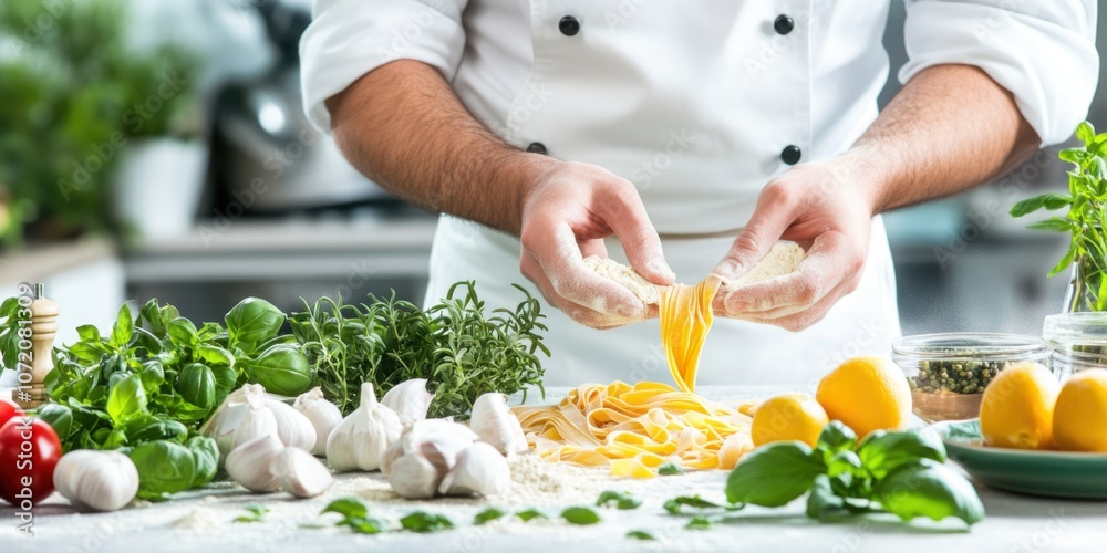 A chef prepares fresh pasta using eggs, surrounded by vibrant herbs, garlic, and lemons in a bright kitchen setting. A chef prepares fresh pasta using eggs, surrounded by vibrant herbs, garlic, and lemons in a bright kitchen setting.