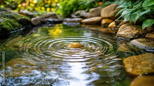 Gentle stream flowing over rocks, surrounded by greenery and moss, with ripples on water's surface