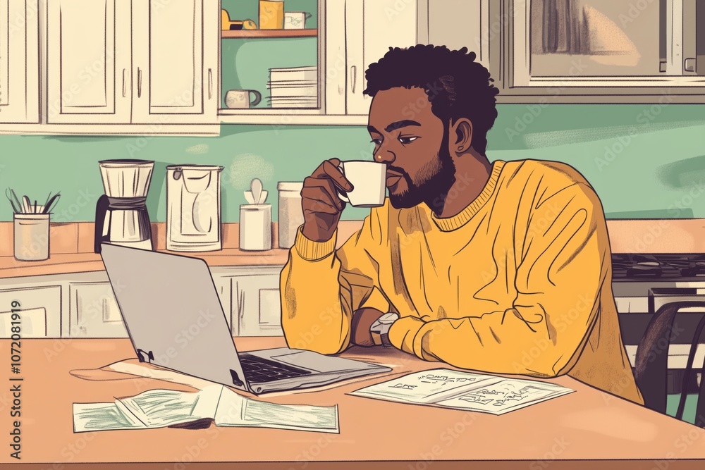 Man working on laptop in kitchen, enjoying coffee, focused on task Man working on laptop in kitchen, enjoying coffee, focused on task