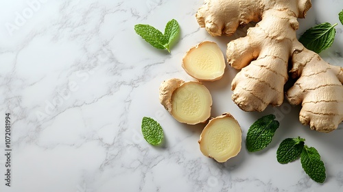 Fresh ginger roots and mint leaves arranged on a white marble surface, showcasing raw organic textures and vibrant colors in a clean, bright macro food photography style. photo