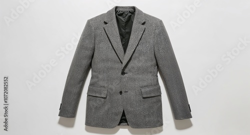 Grey herringbone wool blazer with notch lapel and patch pockets display on plain white background photo