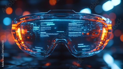 Futuristic AR glasses displaying a holographic HUD with neon blue interfaces, floating data screens, and a cyberpunk aesthetic enhanced by orange and blue lighting contrasts. photo