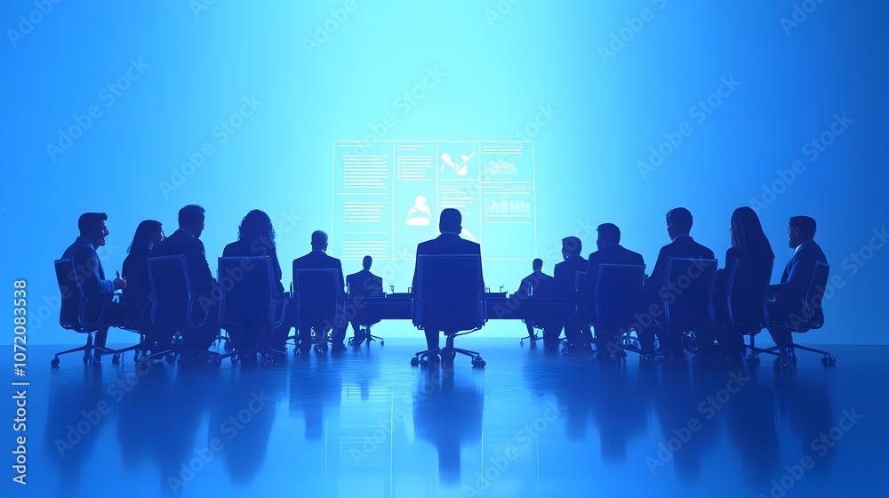A 3D scene of executives in a decision-making discussion, with icons like checkmarks, timelines, and project milestones emerging from the center, on an uncluttered blue background, 4k resolution, no A 3D scene of executives in a decision-making discussion, with icons like checkmarks, timelines, and project milestones emerging from the center, on an uncluttered blue background, 4k resolution, no