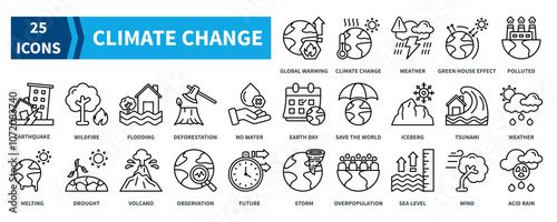 Climate Change icon collection set. Containing global warming, climate change, extreme weather, green house effect, earthquake, flooding, volcano, iceberg icon. Simple black outline vector.