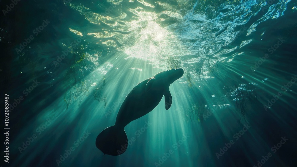 Underwater view of manatee illuminated by sunlight Underwater view of manatee illuminated by sunlight