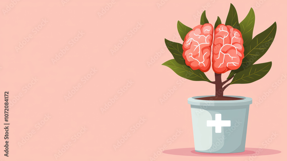 Obraz premium A stylized image of a brain growing from a plant pot, symbolizing mental health, growth, and wellness in a light, pastel background.