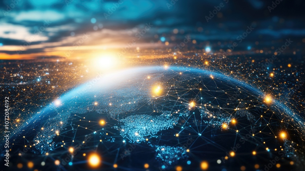Obraz premium Connected World at Sunrise Over Planet Earth