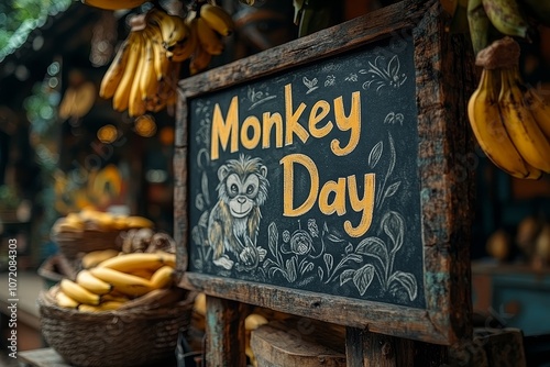 Monkey Day Celebration Sign with Banana Decor in Rustic Market Setting, Highlighting Fun and Festive Vibes for Animal Appreciation photo