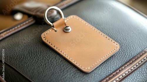 Close-up of brown leather luggage tag on black bag with contrasting stitching