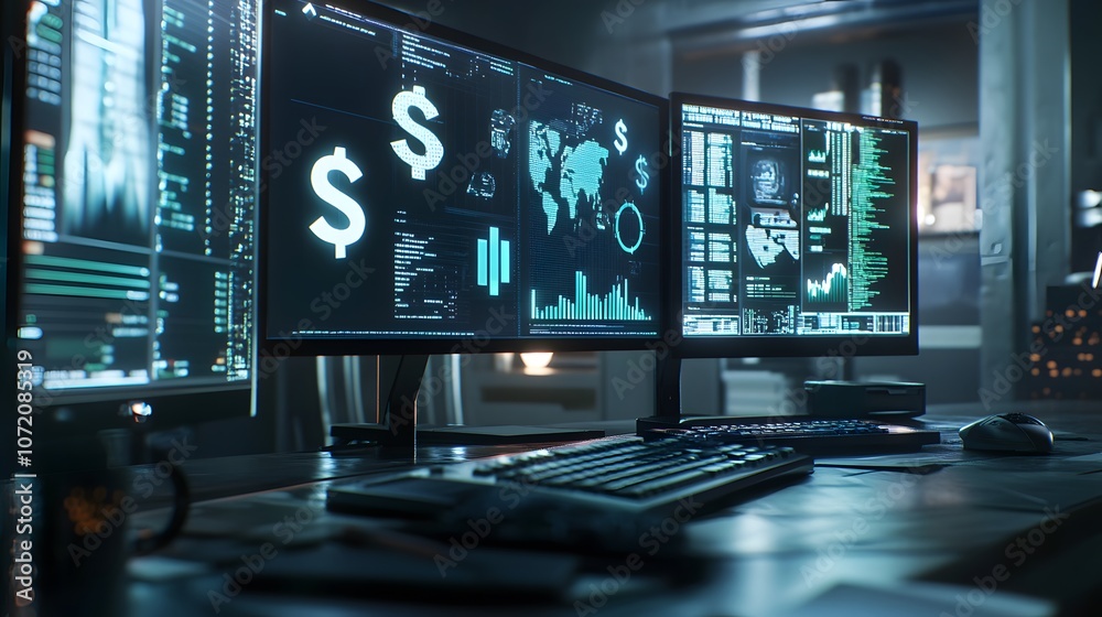 A 3D workstation with dual monitors, one displaying 2D financial icons like dollar signs and bar graphs hovering over the screen, representing finance work, 4k resolution, ultra-realistic, A 3D workstation with dual monitors, one displaying 2D financial icons like dollar signs and bar graphs hovering over the screen, representing finance work, 4k resolution, ultra-realistic,