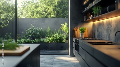 A luxurious black kitchen interior featuring matte cabinets, concrete textures, accent lighting, potted herbs, floor-to-ceiling windows, and high-end appliances in an industrial chic style. photo