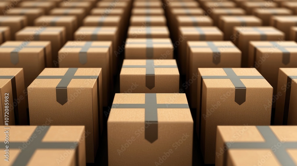 Obraz premium Rows of neatly stacked cardboard boxes ready for distribution in a warehouse setting, representing logistics and supply chain management.