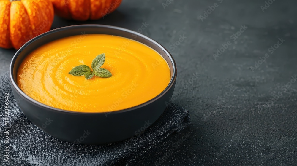 Smooth and Creamy Pumpkin Soup in a Black Bowl Garnished with Fresh Mint Leaves, Surrounded by Decorative Pumpkins on a Dark Background Smooth and Creamy Pumpkin Soup in a Black Bowl Garnished with Fresh Mint Leaves, Surrounded by Decorative Pumpkins on a Dark Background