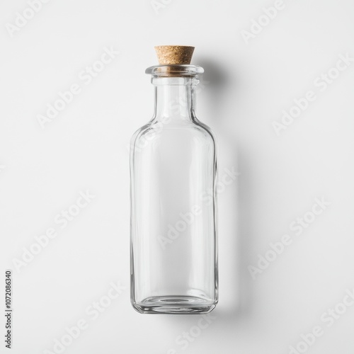 Empty Glass Bottle with Cork Stopper on White Background