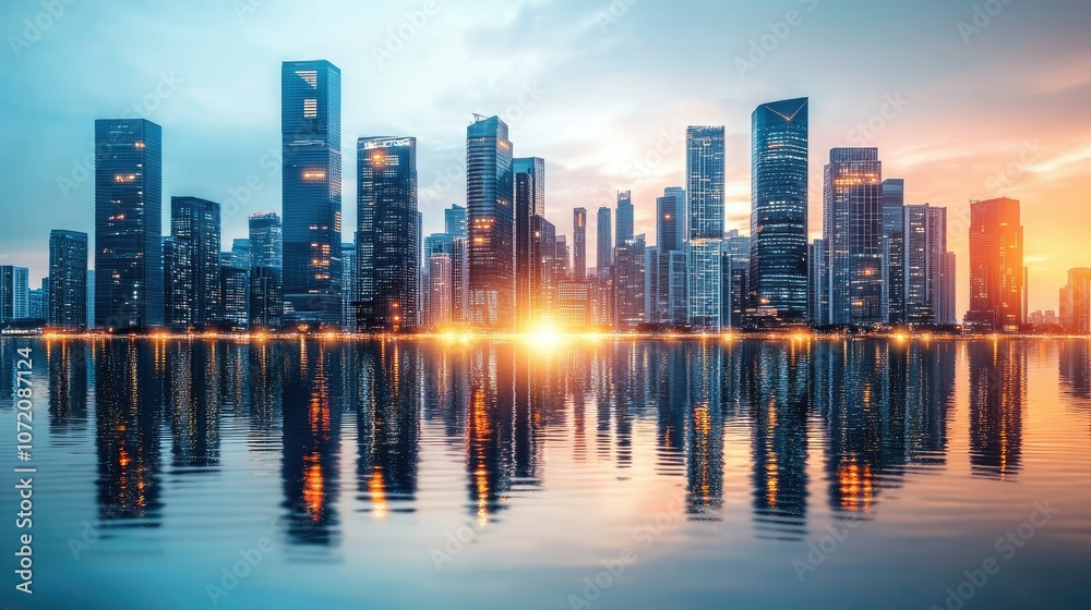 Fototapeta premium City Skyline Reflection at Sunset Over Water