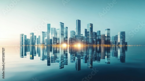 Modern Urban Skyline Reflected in Water at Dusk