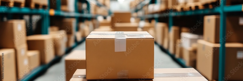 Cardboard Boxes in Warehouse Storage Aisle, Representing Shipping, Logistics, and Inventory Management for E-Commerce and Retail Fulfillment Cardboard Boxes in Warehouse Storage Aisle, Representing Shipping, Logistics, and Inventory Management for E-Commerce and Retail Fulfillment