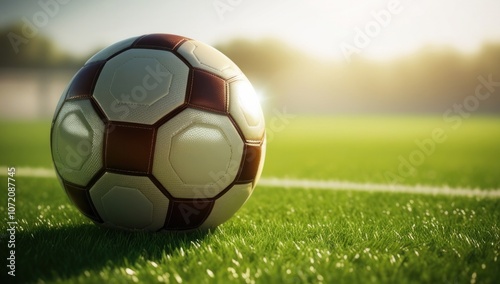 Closeup of soccer ball on stadium field. Football ball. Soccer ball