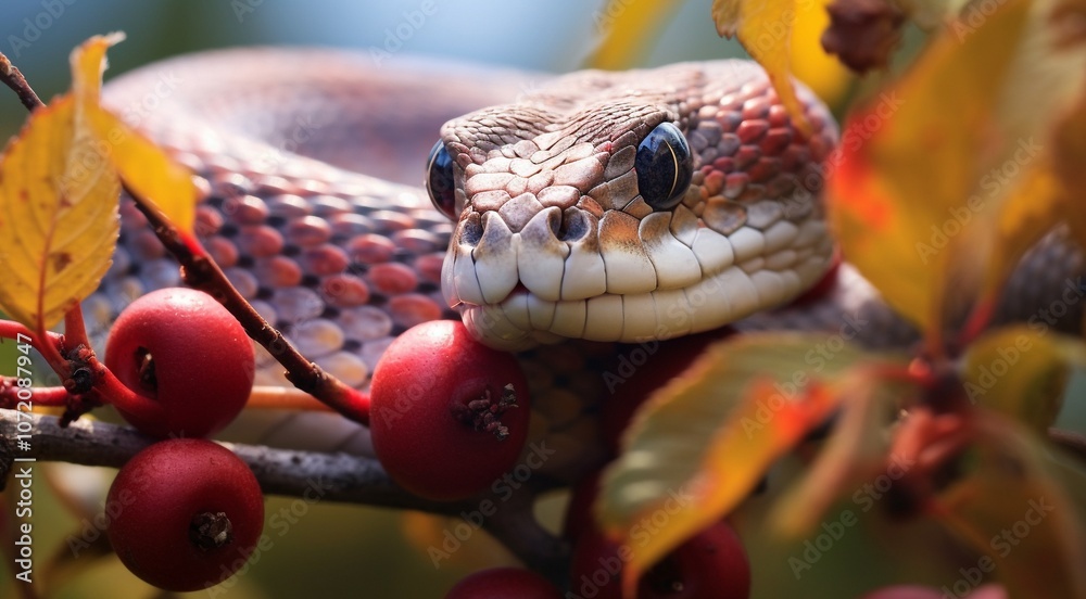 Fototapeta premium close-up of snnake, snake in wild nature, snake in the forest, close-up of wild snake, snake looking forward