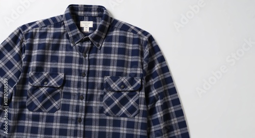 Navy checkered flannel shirt with chest pockets and button down collar display on plain white background