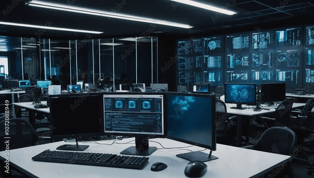 Naklejka premium High-tech computer lab with multiple advanced workstations featuring large screens and coding data displayed, ideal for software development