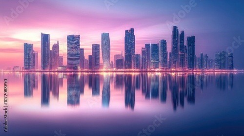 Serene City Skyline at Twilight with Reflected Water