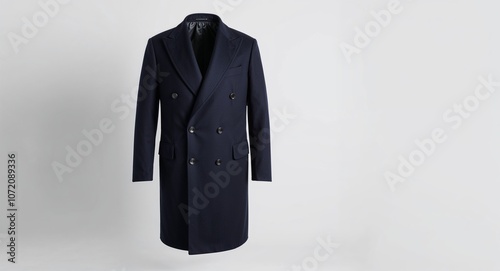 Navy wool double breasted overcoat with peak lapel and back vent display on plain white background