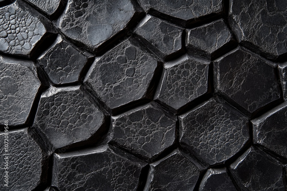 A close-up shot of a black surface featuring hexagonal patterns A close-up shot of a black surface featuring hexagonal patterns