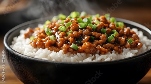 Steaming hot braised pork rice with dark soy-glazed minced pork over white rice, garnished with fresh scallions in a rustic black bowl under moody lighting. photo