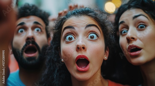 A group of people with their mouths agape, frozen in shock or astonishment