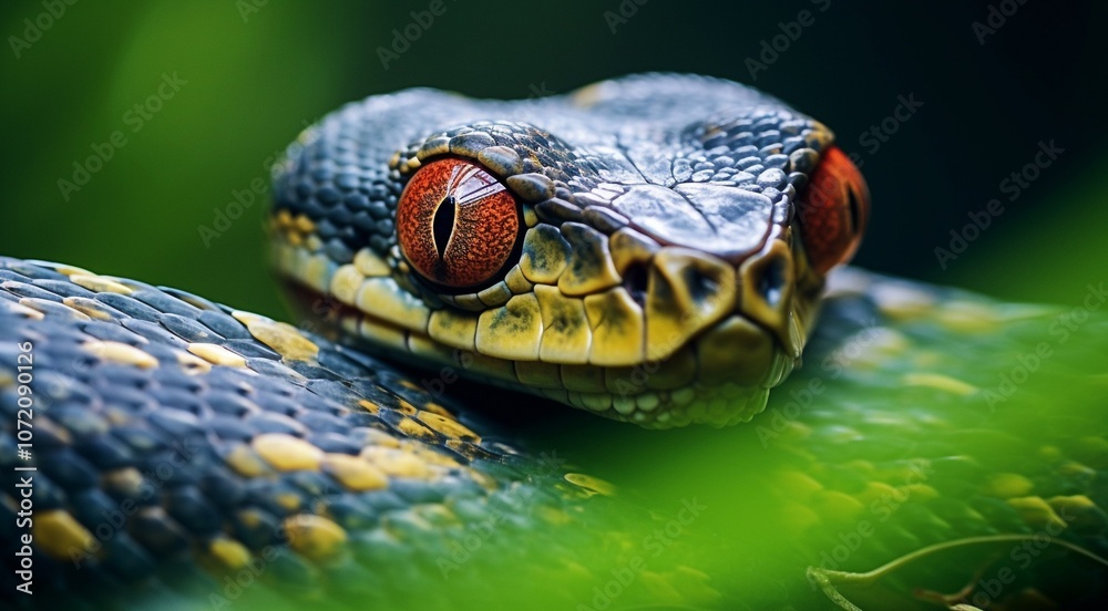 Fototapeta premium close-up of snnake, snake in wild nature, snake in the forest, close-up of wild snake, snake looking forward