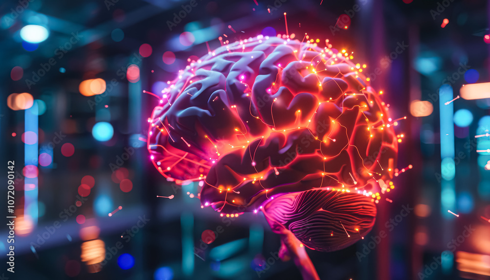 Colorful brain with many neurons and a lot of red and blue lights surrounding it. The brain is surrounded by a lot of red and blue lights, giving it a vibrant and energetic appearance