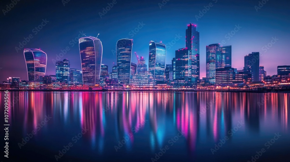 Fototapeta premium Stunning Night View of City Skyline with Reflections