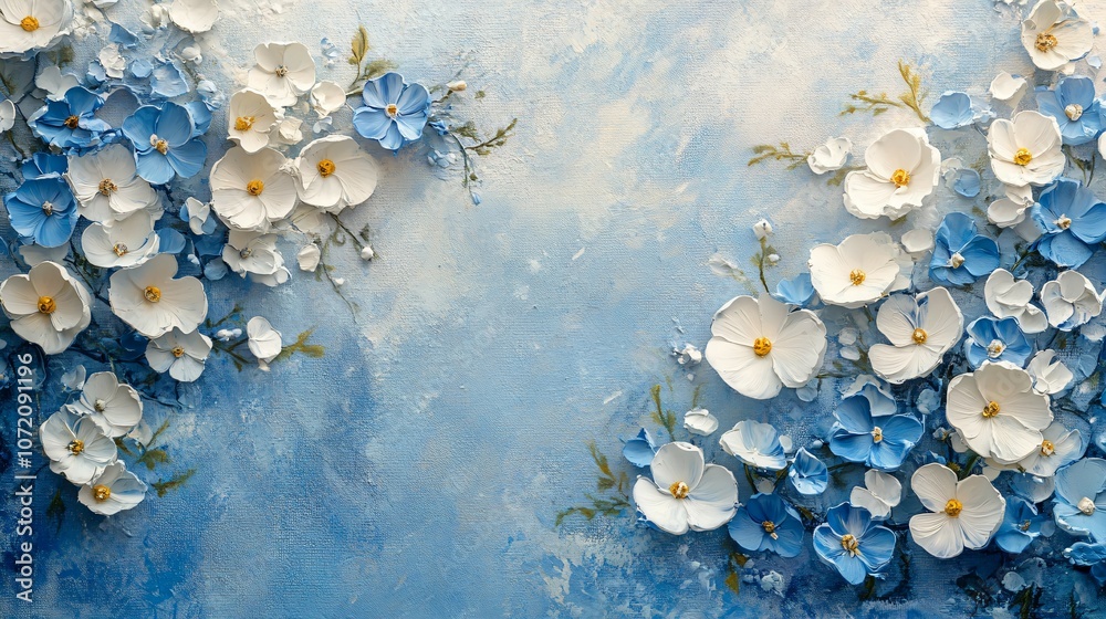 Fototapeta premium artistic background delicate white and blue flowers on light, paint art canvas, surface copy space abstract background