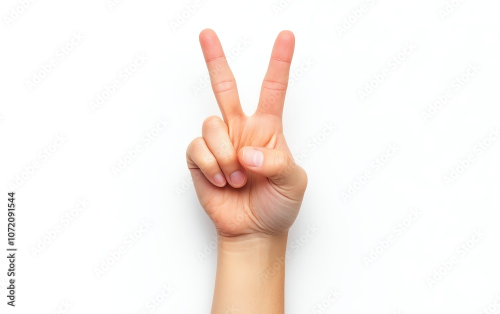 Human hand making the V sign for peace or victory, isolated on a white background, capturing the essence of positivity, success, and nonviolent ideals Human hand making the V sign for peace or victory, isolated on a white background, capturing the essence of positivity, success, and nonviolent ideals