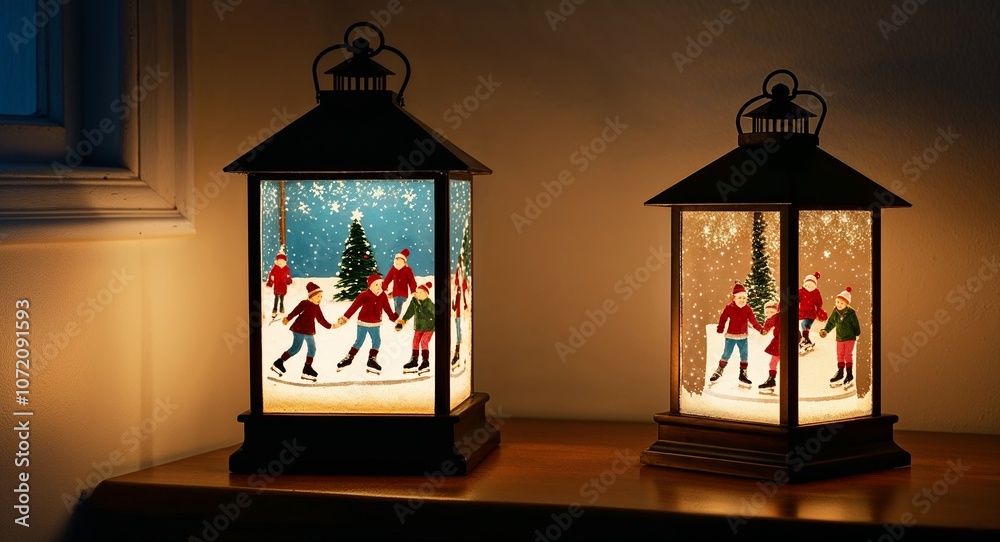 Obraz premium Miniature ice skating scene lantern softly glowing in a dim corner